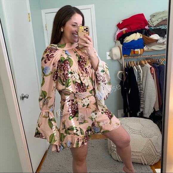 NICHOLAS Peach Pink Floral Print Silk Flare Sleeve Romper Long Sleeve 6 Small - Picture 2 of 16